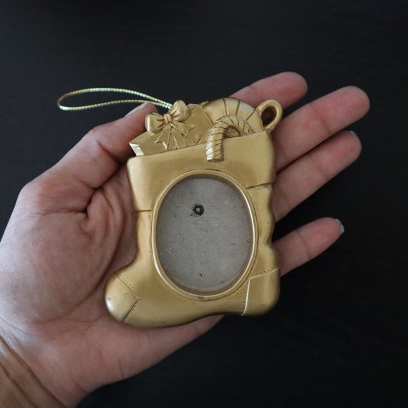 Vintage Two's Company Gold Christmas Ornament Stocking Bell Hanging Photo Frame - Picture 3 of 3